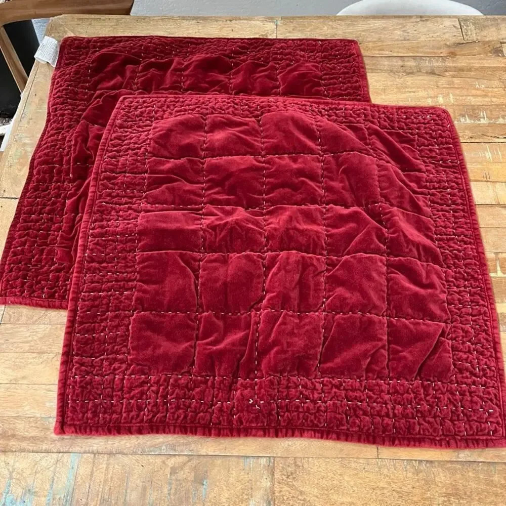 Pottery Barn Red Velvet Handcrafted Box Stitch Quilted Euro Sham Pair